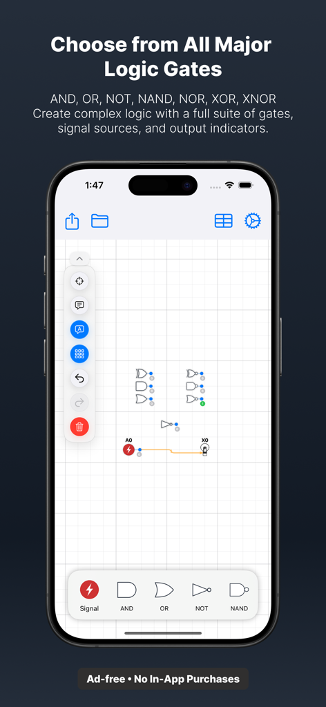Logic Circuits Simulator - Interface of the Logic Circuits Simulator app showing various logic gates and a circuit design grid