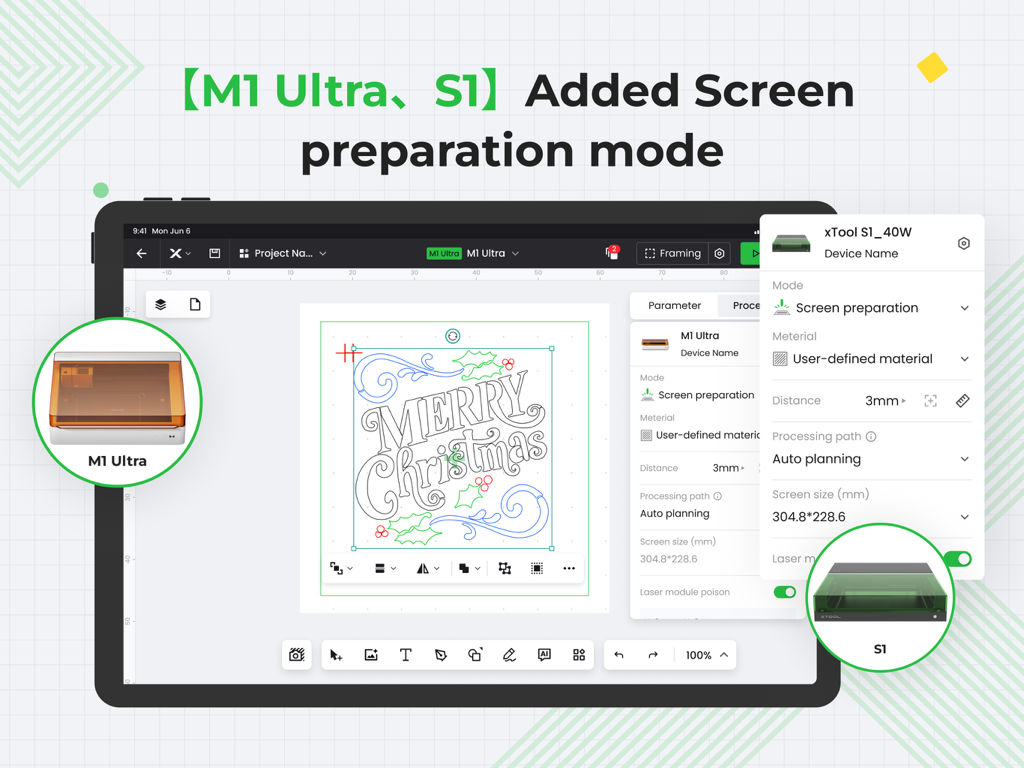 xTool Creative Space - Die xTool Creative Space iPad App-Oberfläche zeigt den Bildschirmvorbereitungsmodus für die Laser-Maschinen M1 Ultra und S1.