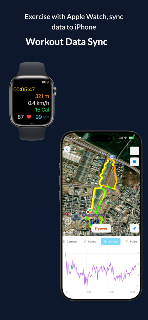 Pace Tracker - Running App - Apple Watch와 iPhone이 GPS 지도와 성과 차트로 동기화된 달리기 데이터를 표시하고 있습니다.