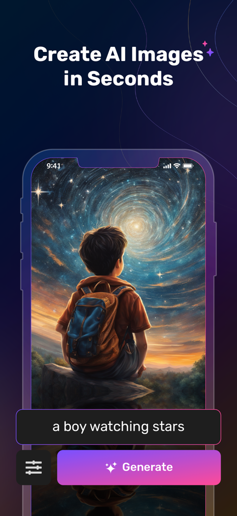 Simplified AI app interface demonstrating text-to-image generation of a boy watching stars