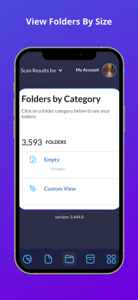 Filerev app screenshot showing Google Drive folders organized by category including empty folders