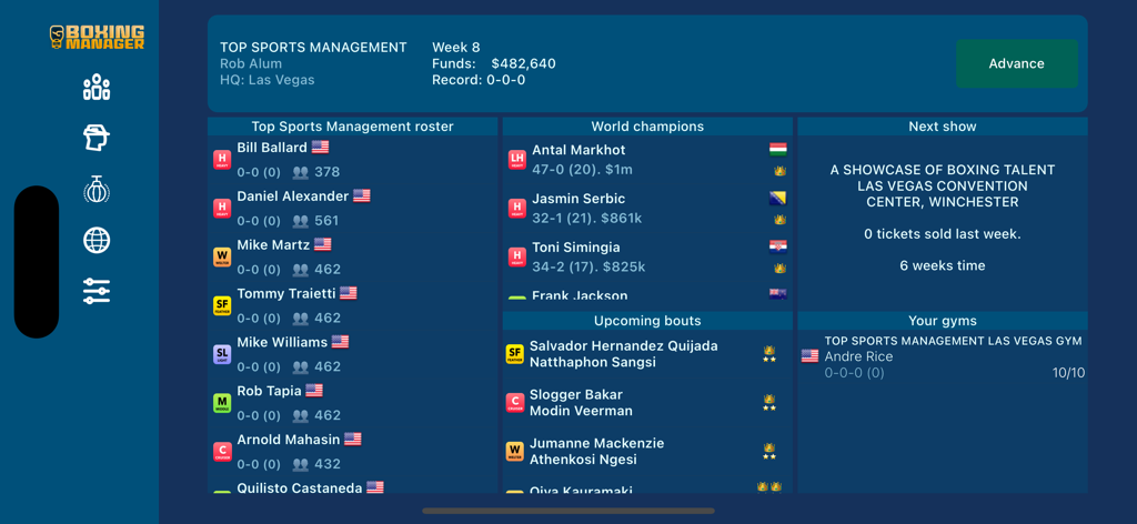 Boxing Manager - Main management interface of the Boxing Manager game featuring fighter rosters and world championship standings