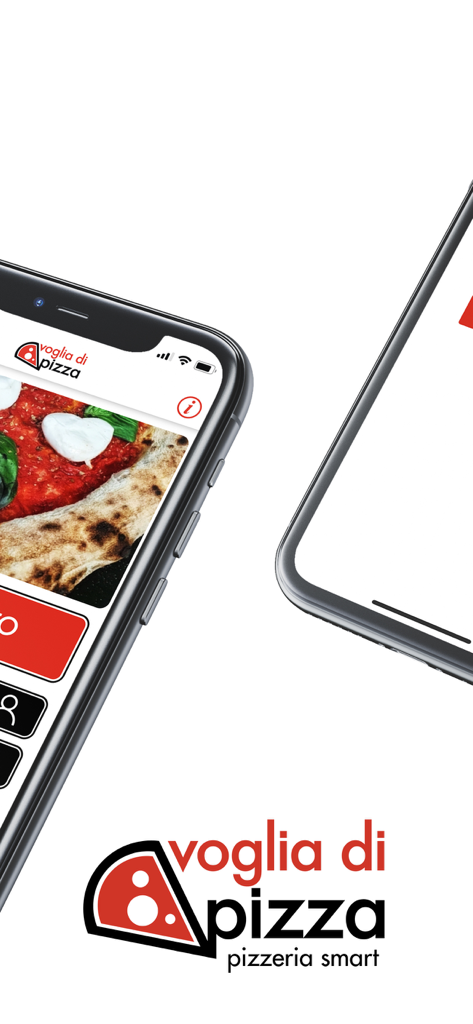 Voglia di Pizza - iPhone displaying the Voglia di Pizza app interface with a heart shaped mozzarella pizza and the smart pizzeria logo
