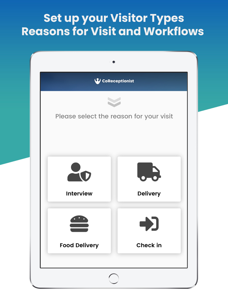 CoReceptionist - Visitor Kiosk - iPad screen showing CoReceptionist visitor kiosk with options for interview and delivery sign-in.
