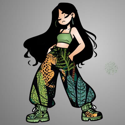 girl in baggy pants crop top and long hair