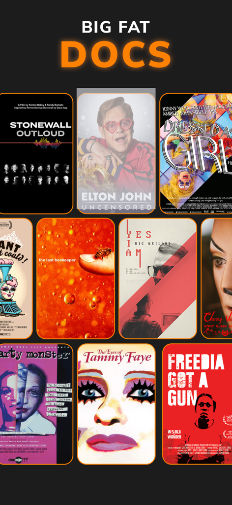 WOW Presents Plus - Une collection de documentaires LGBTQ+ sur WOW Presents Plus, y compris Elton John Uncensored et The Eyes of Tammy Faye.