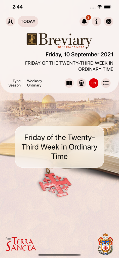 iBreviary TS Plus - Startbildschirm der iBreviary TS Plus App, der das tägliche liturgische Gebet für die Ordinary Time zeigt.