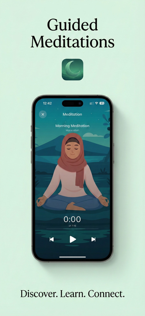 A woman in a hijab practicing guided meditation on the Dua Chat app interface.