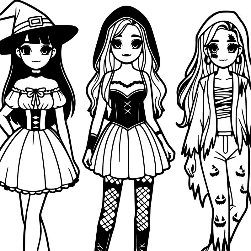 three teen girls on halloween. one dressed as a witch, one dressed as a vampire, and another dressed as a zombie.