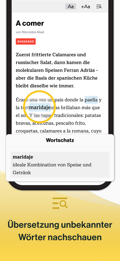 ECOS - Spanisch lernen - Captura de tela do aplicativo ECOS para aprendizado de espanhol mostrando a função de busca de vocabulário com definição de palavra em alemão