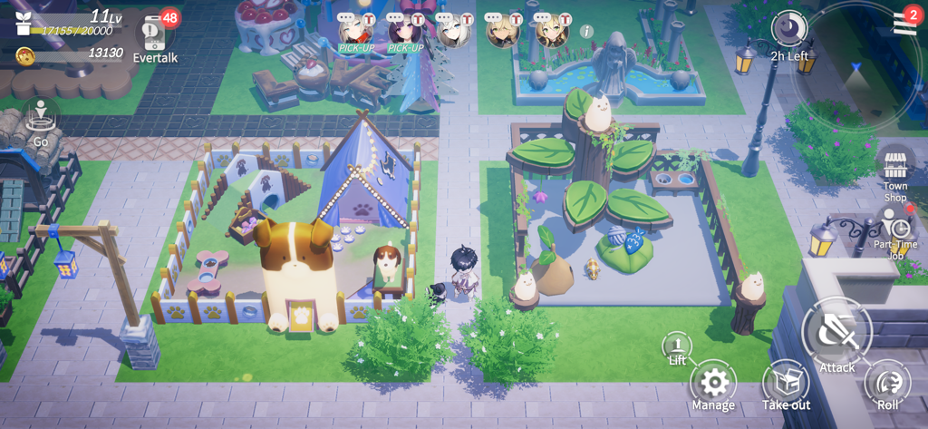 Eversoul - A player customized town in Eversoul showing dog and cat themed pet areas with a character standing on a path
