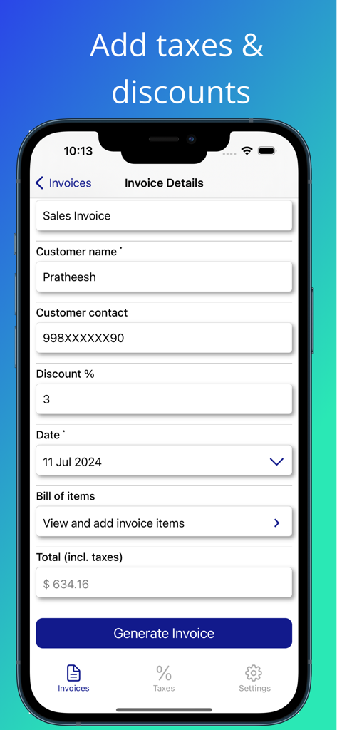 Interfaz de la aplicación móvil que muestra los detalles de la factura de ventas, incluido el nombre del cliente, el porcentaje de descuento y el monto total con impuestos