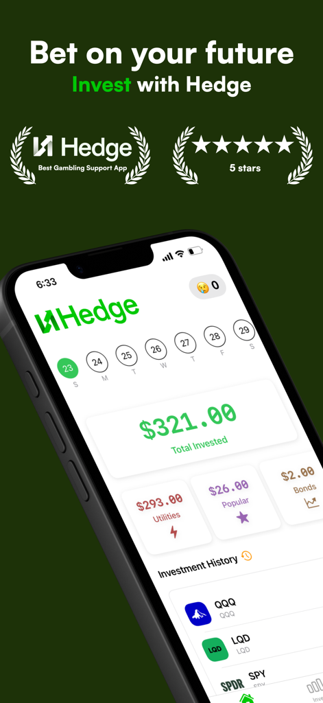 Hedge: Bet on Your Future - Hedge app interface showing total money invested and investment history categories