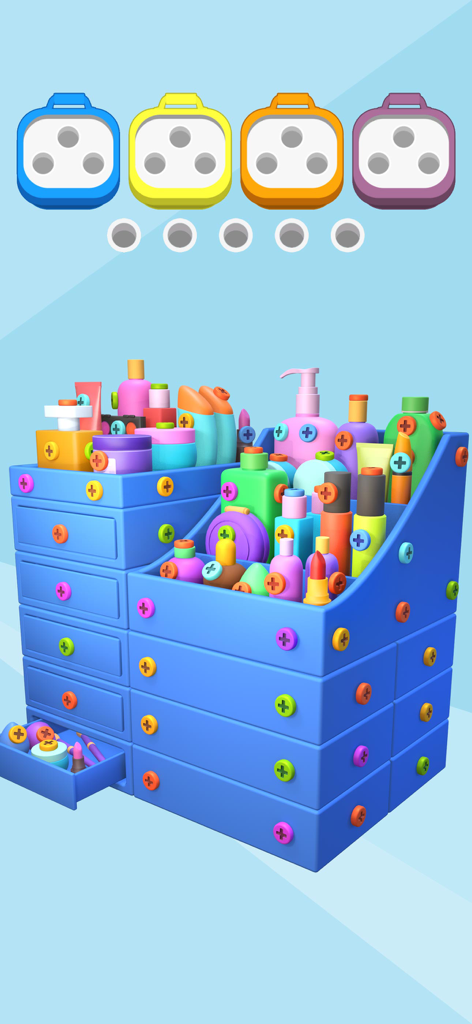 A 3D puzzle game screen showing colorful screws on a blue makeup organizer to be sorted into matching boxes.