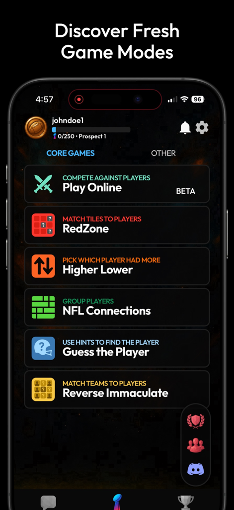 Gridiron Trivia app interface showing a list of game modes including RedZone Higher Lower and NFL Connections.