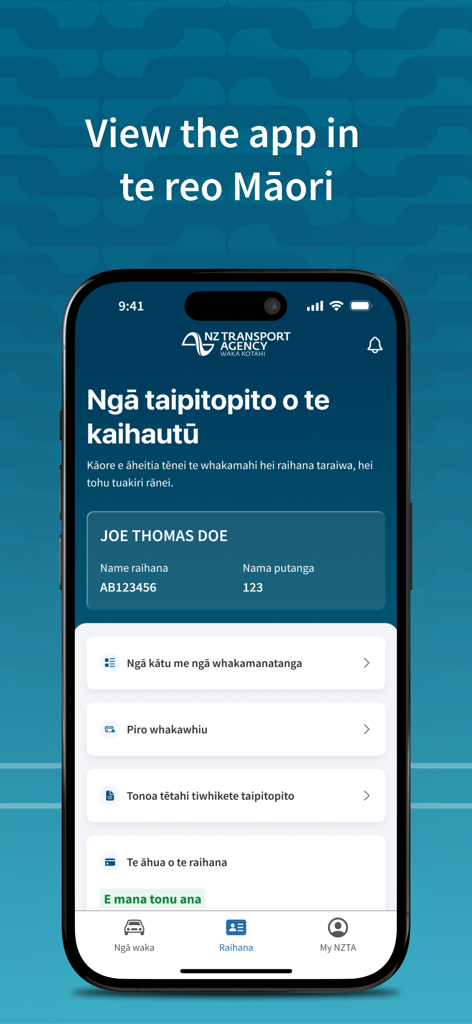 Mobile app interface of NZTA Waka Kotahi displayed in Te Reo Maori language showing driver licence details.