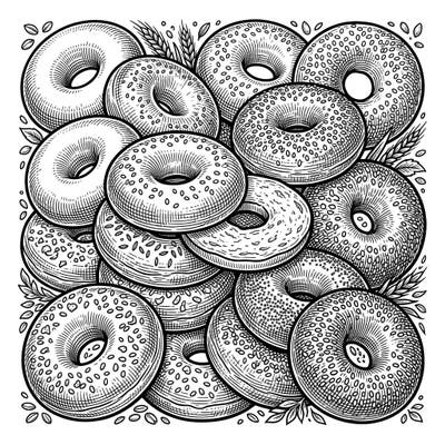 Delight in this unique coloring page featuring a variety of bagels rendered in a classic woodcut and engraving style. Unwind as you add vibrant hues to these beautifully detailed breakfast treats.