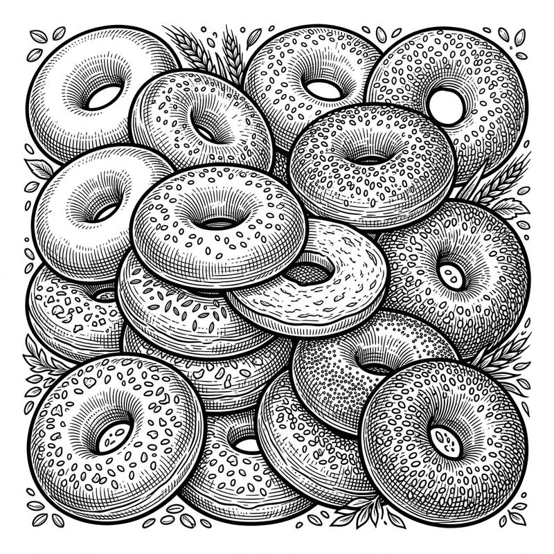 Delight in this unique coloring page featuring a variety of bagels rendered in a classic woodcut and engraving style. Unwind as you add vibrant hues to these beautifully detailed breakfast treats.