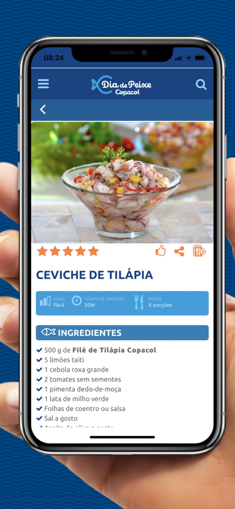 Seite mit Tilapia-Ceviche-Rezept in der Dia de Peixe App, die Zutaten und Zubereitungszeit zeigt