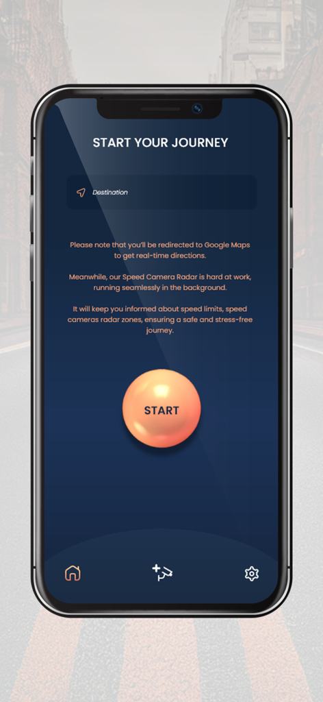 Speed Camera (Radar) detector - Start screen of the speed camera radar detector app showing destination input and start button