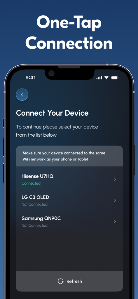 Screen Mirroring app interface showing a list of available smart TVs for one tap connection.