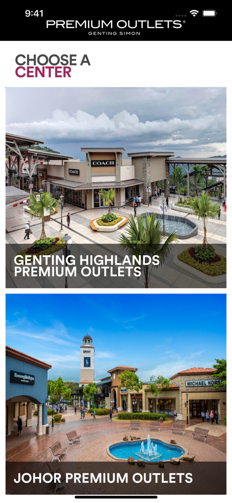 Premium Outlets Malaysia - Interface do aplicativo móvel Premium Outlets Malaysia mostrando opções para selecionar entre os centros de compras Genting Highlands e Johor