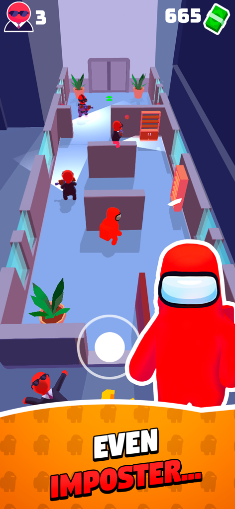 Stealth Master: Assassin Ninja - A red imposter character sneaking past guards in a Stealth Master level.