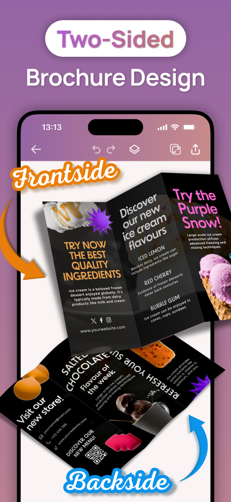 Brochure Maker : Catalog Maker - A mobile interface displaying the front and back design of a tri-fold ice cream brochure