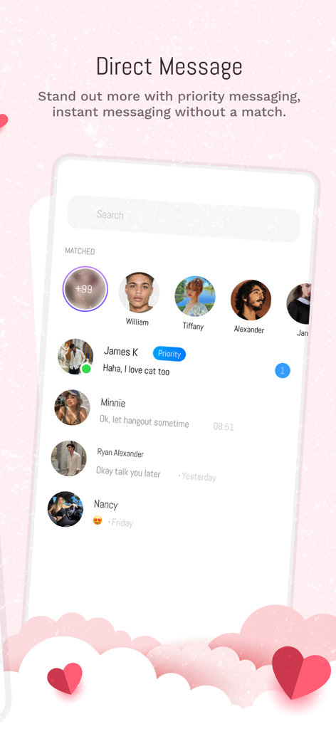 Screenshot of Hullo dating app showing the direct message inbox with a priority messaging feature to chat without matching