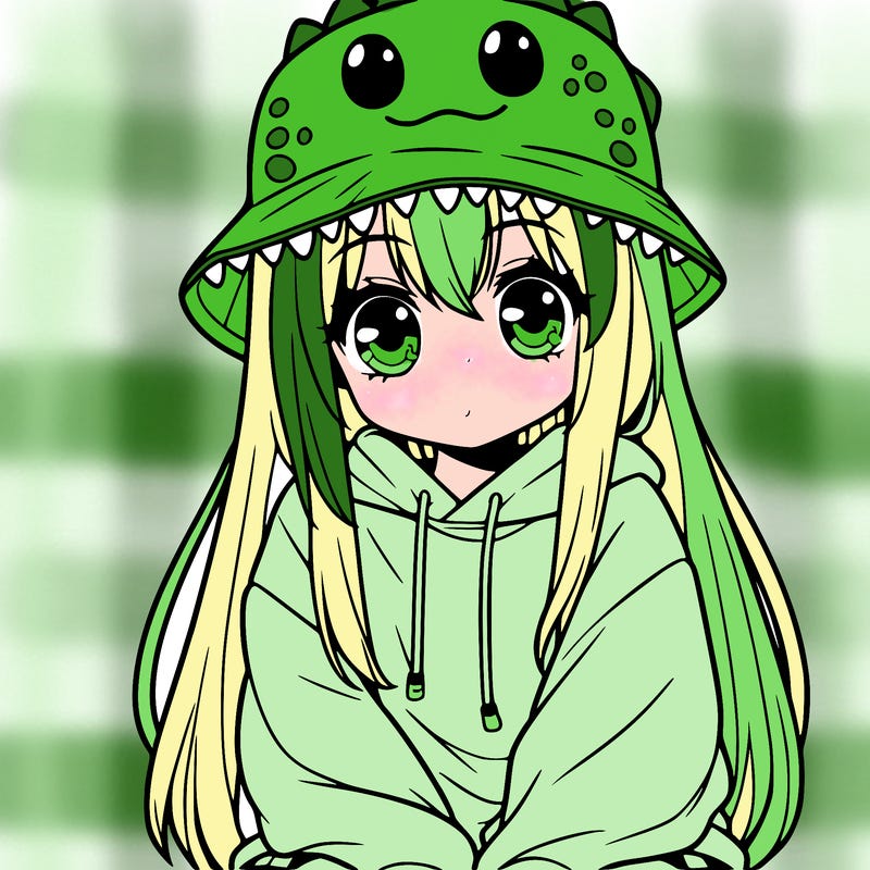 girl with anime shaped eyes with a dinosaur bucket hat oversized sweatshirt long straight hair