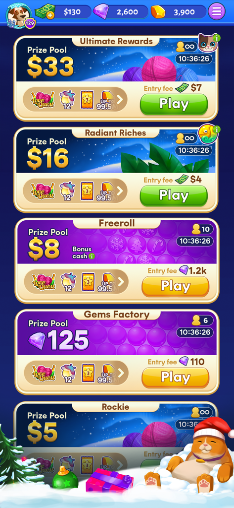 Menú de torneo del juego Bubble Cash con premios en efectivo y botones para jugar