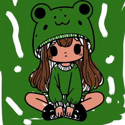 a girl wearing a frog hat and some frog socks