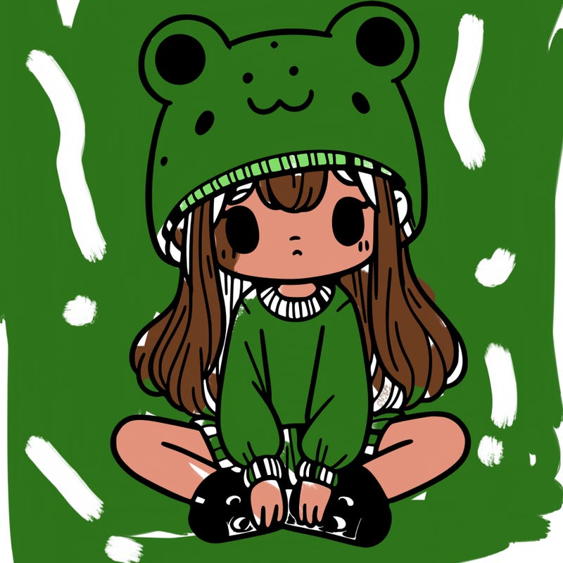 a girl wearing a frog hat and some frog socks