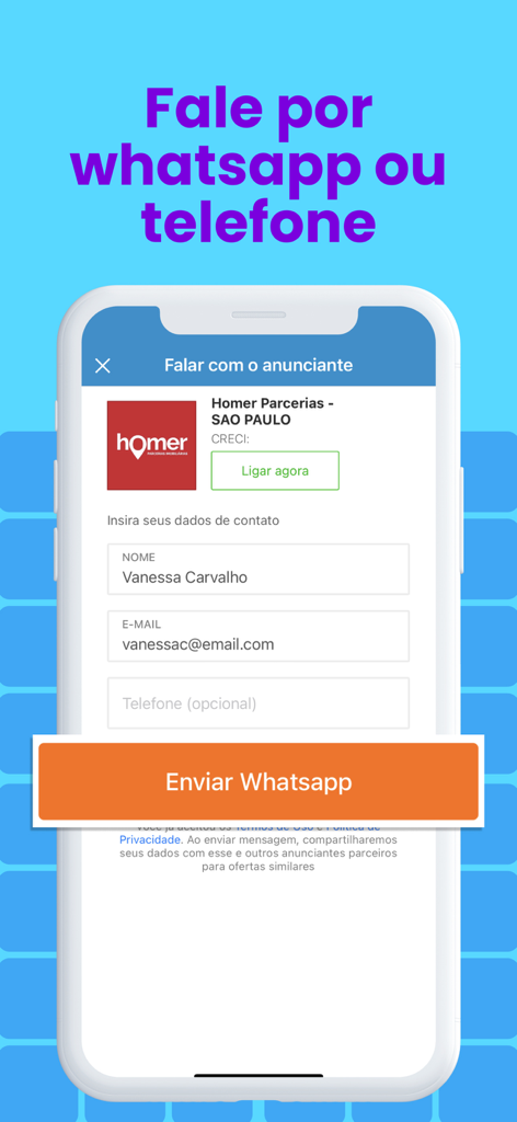 Viva Real Imóveis - Viva Real Imóveis app screen showing a contact form to reach a real estate advertiser via WhatsApp or phone