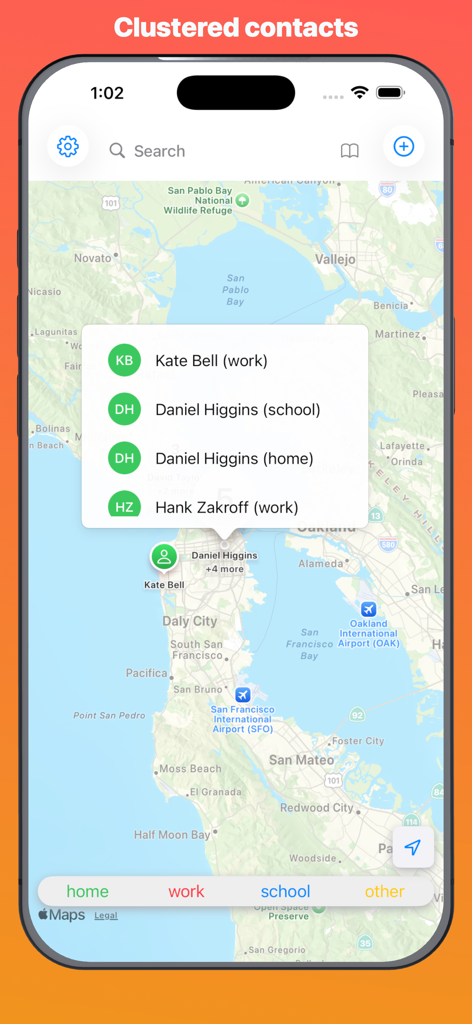 Map interface of Sidewalk app displaying a list of clustered contacts at a specific location