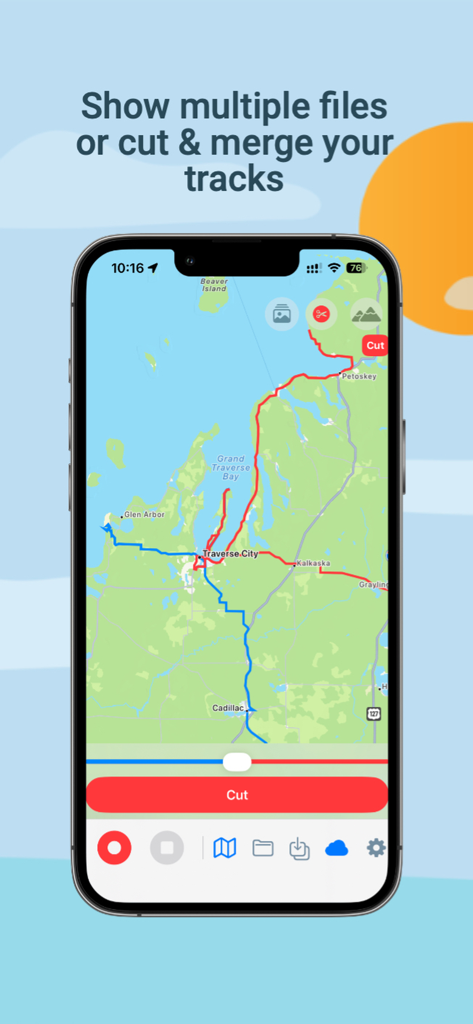 GPX PhotoGraph app interface showing a map with tools to cut and merge GPS track files