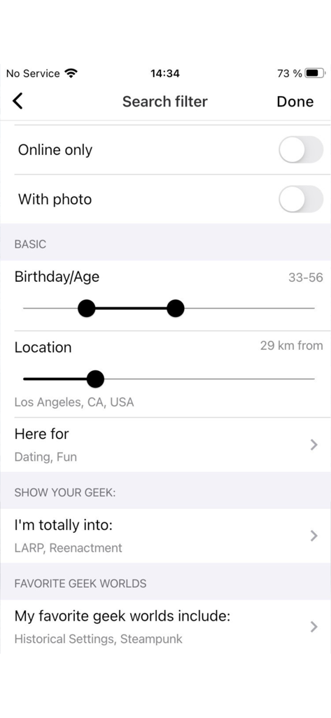 g33kdating - Search filter settings in the g33kdating app showing age range and geek interest preferences
