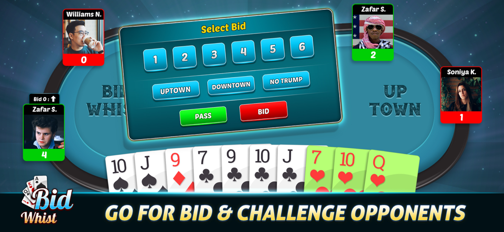 Bid Whist mobile card game interface showing the bidding options and player hand