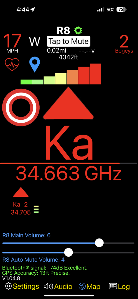 The R8 Companion app interface showing a Ka band radar alert with signal frequency and bogey count.