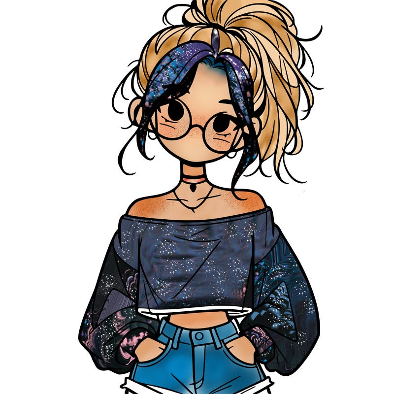 girl with a messy ponytail glasses a baggy crop top and jean shorts