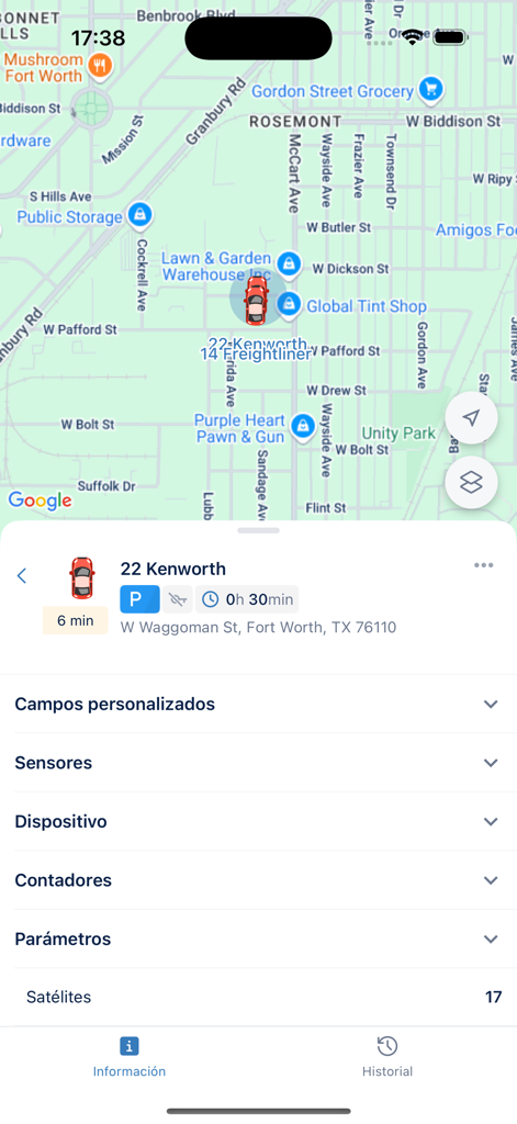 Echtzeit-Flottenverfolgungs-Karte, die den Standort und Statusdetails eines Kenworth-Fahrzeugs in Fort Worth, Texas, anzeigt