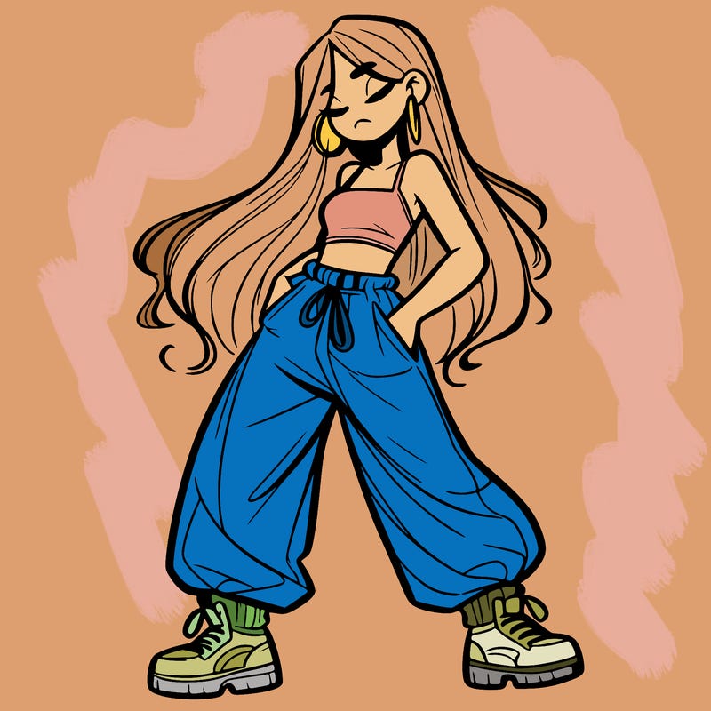 girl in baggy pants crop top and long hair