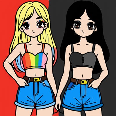 two sisters with crop tops and jean shorts and straight hair