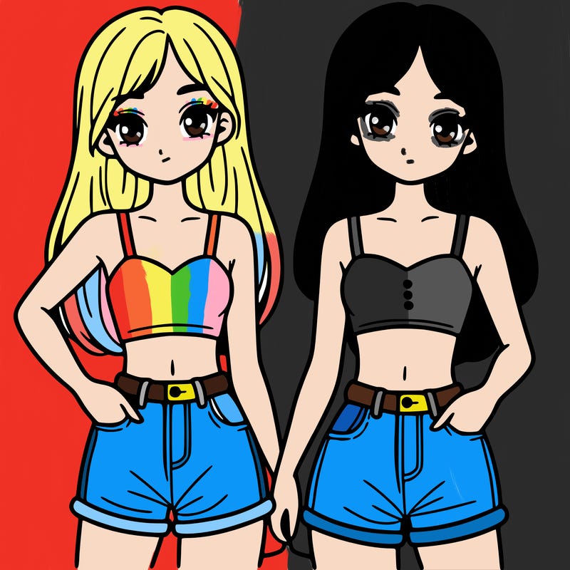 two sisters with crop tops and jean shorts and straight hair