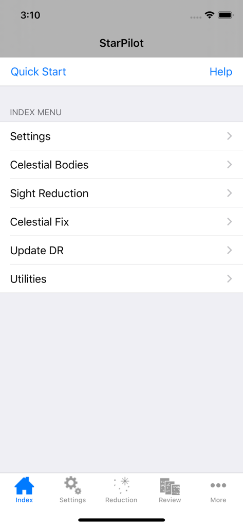StarPilot - StarPilotアプリのメインインデックスメニュー画面、ナビゲーションオプションを表示
