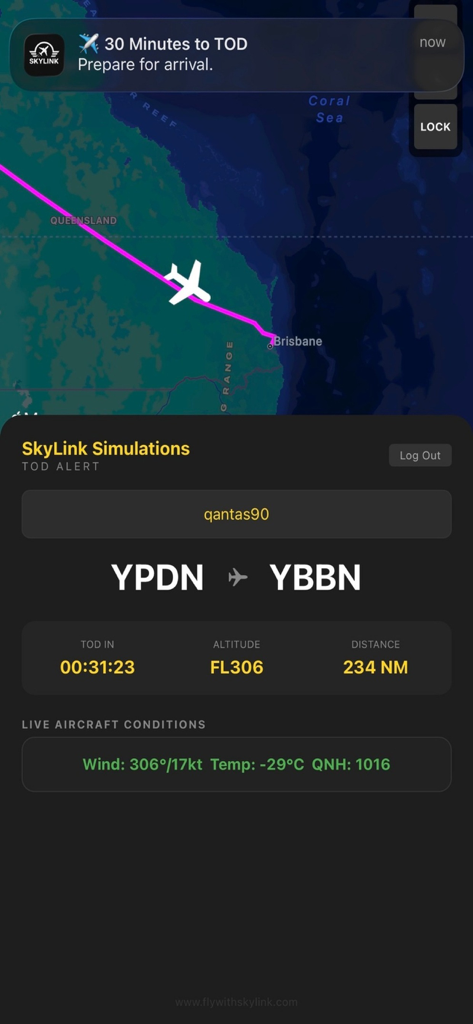 Skylink TOD Alert mobile app interface showing a live flight map and a notification for top of descent