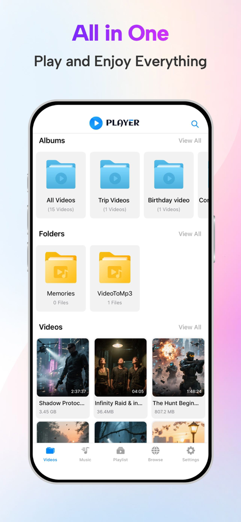 Video Player - All in One - Interface of Video Player All in One app showing organized video albums and folders