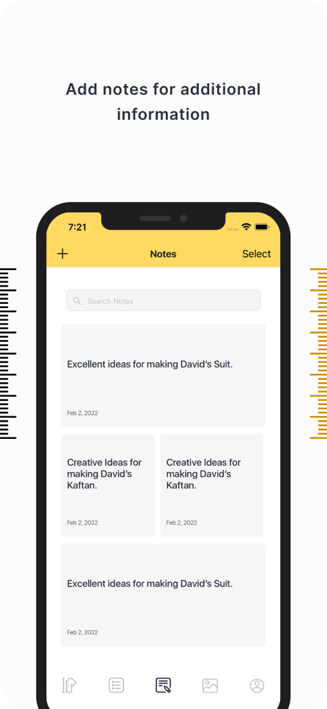 Mobile Benutzeroberfläche der Tailor-Körpermaße-App, die die Notizfunktion zur Organisation von Details für maßgeschneiderte Kleidungsprojekte zeigt.
