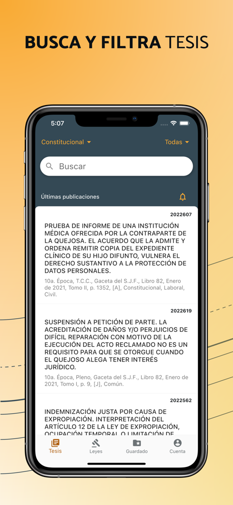 Pantalla de smartphone que muestra la funcionalidad de búsqueda y filtros para resoluciones legales dentro de la aplicación IUS