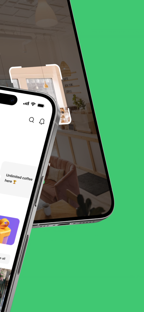 Benutzeroberfläche der Coffeein-App auf einem Smartphone, die Optionen für unbegrenzte Kaffee-Abonnements und digitale Zahlungsfunktionen zeigt.